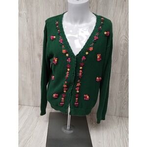 Huntington Ridge Medium Long Sleeve Green Button Down Sweater Flowers Colorful